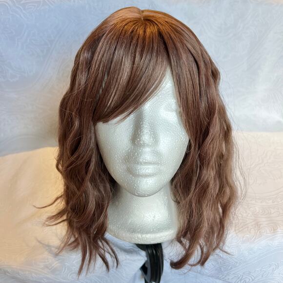 Shoulder length Wavy Medium Brown Purple Everyday Cosplay Wig with Wispy Bangs - Picture 3 of 7